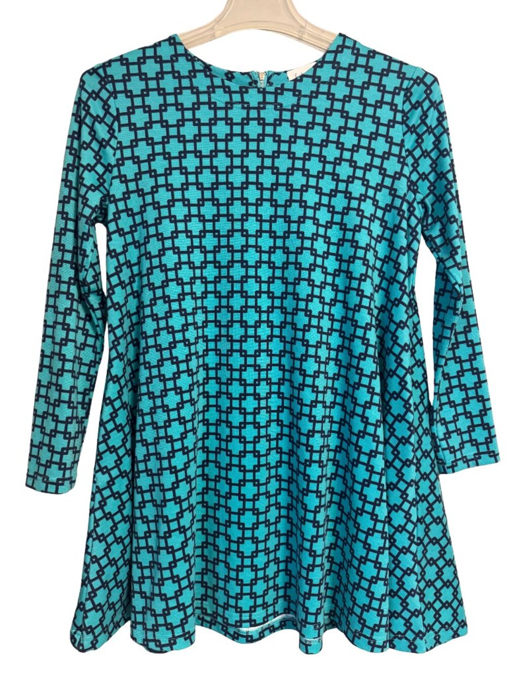 Fantastic Fawn Teal Navy Geometric Print Swing Dress Long Sleeve Size M